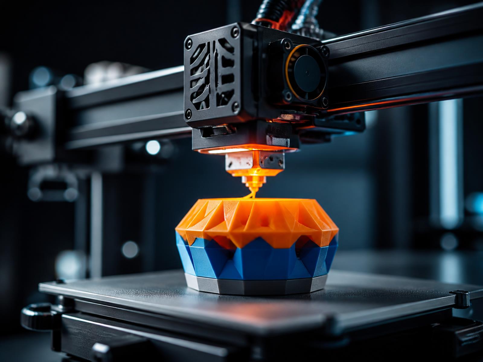 Close-up of a 3D printer nozzle extruding bright orange filament onto a part mid-print