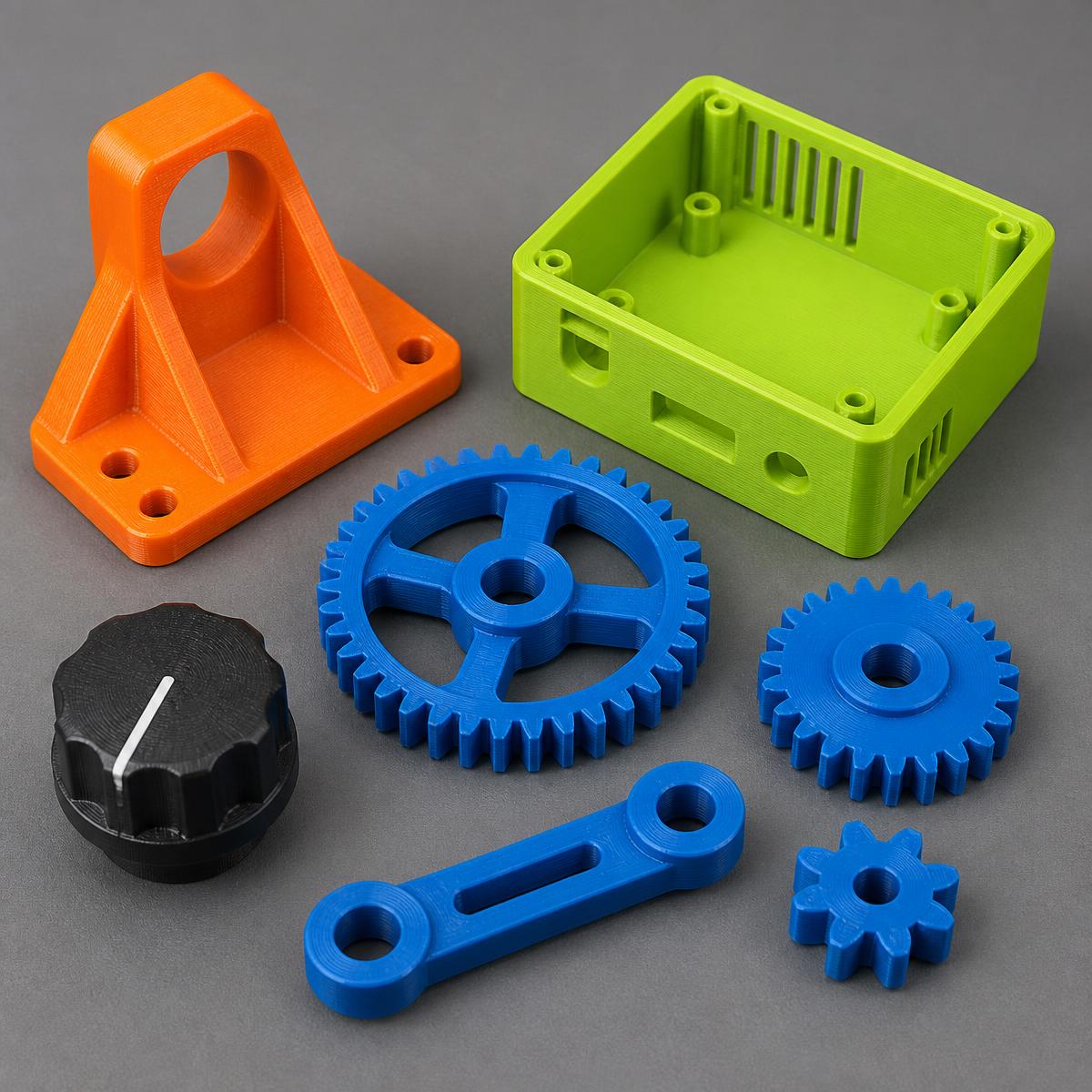 Orange bracket, green enclosure and blue gears printed in vivid filament